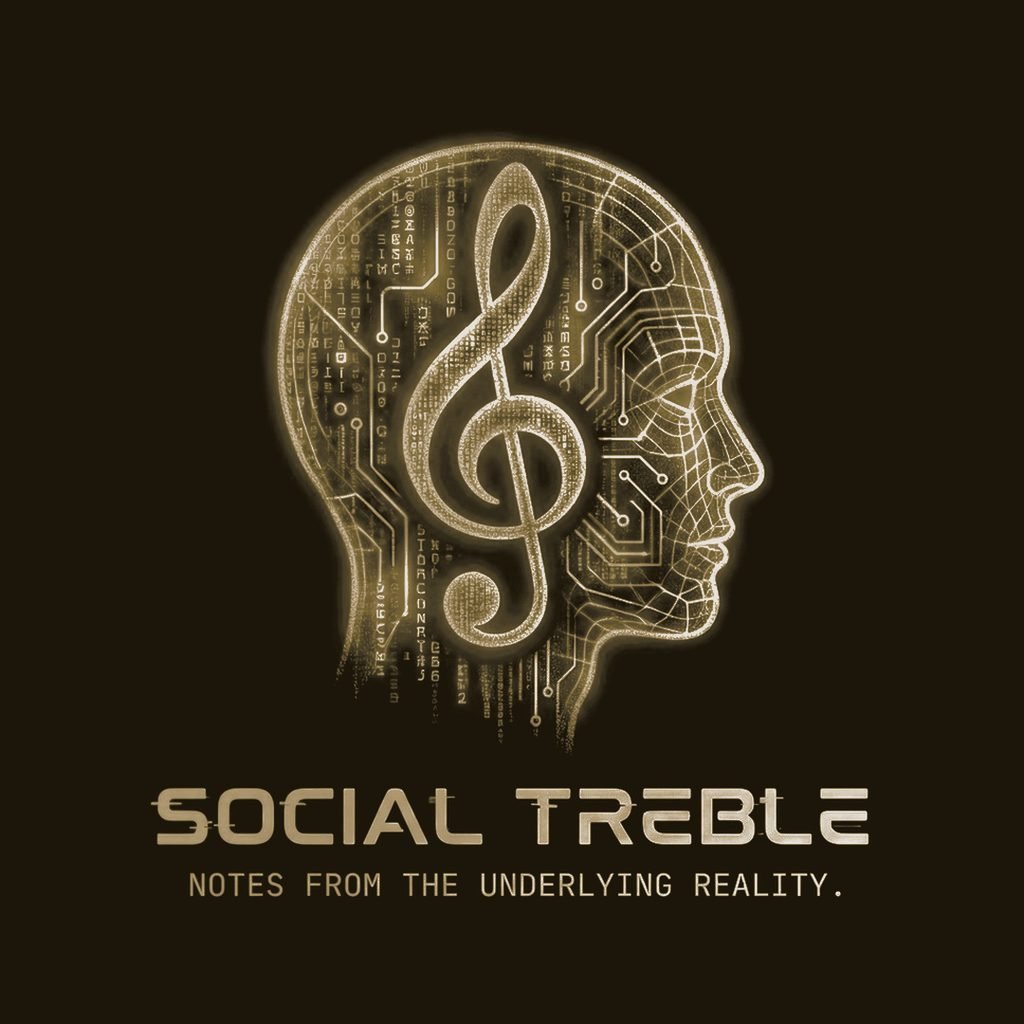 The Social Treble logo in gold on near-black: a head in profile filled with circuit lines and falling digits around a treble clef, above the words Social Treble and Notes from the underlying reality