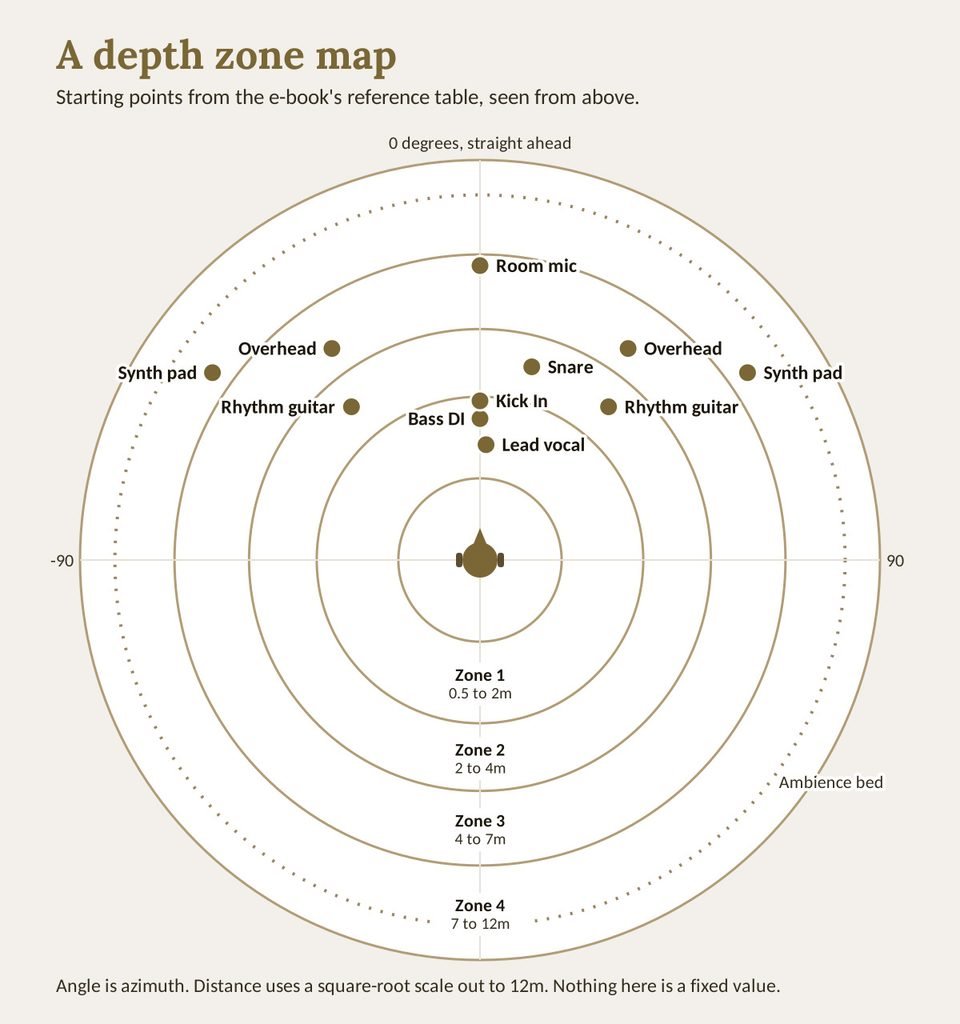 A top-down map of a listener at the centre of four concentric depth zones from 0.5 to 12 metres, with eleven instrument positions such as lead vocal, kick and synth pad plotted by angle and distance